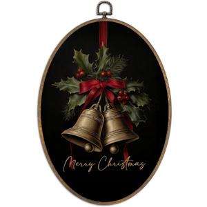 SHQIEUDH Moody Christmas Bells Oval Wall Art 8.6x11.4, Vintage Christmas Red Bow Framed Canvas Prints Artwork, Rustic Farmhouse Winter Holiday Oval Wall Hanging Decor for Living Room Home Bedroom