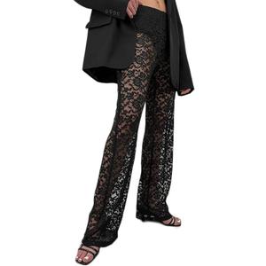 Women Floral Lace Sheer Mesh Pants See Through Straight Leg Pants Hollow Out Trousers Cover Up Y2k XL
