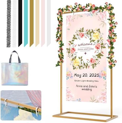 Wedding Sign Holder, 57x31x15"Welcome to Our Wedding Sign Stand Metal Wedding Sign with 8 Pair Satin Ribbon & 2 Pair Leather Sign Straps,Storage Bag, Flower Vine,Heavy Duty Easel Stand for Sign,Poster