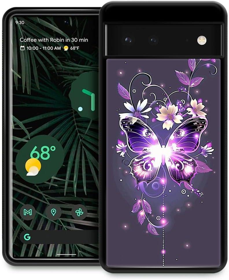 Compatible with Google Pixel 6 Case, Purple Glittering Flower Butterfly Amazing Pattern Design Shockproof Anti-Scratch Hard PC Back Case