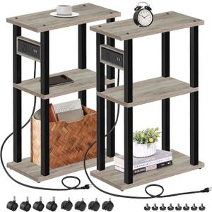 TUTOTAK Small Narrow Side Table with Charging Station, Set of 2 Skinny End Table for Small Spaces, Slim Nightstand With USB Ports and Outlet,Sofa Beside Table With Wheels, Greige TB01BG047