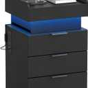Turosur Night Stand with Gun Drawer, LED Nightstand with Charging Station, Wood Bedside Table with Hidden Storage and 3 Drawers for Bedroom, Modern Black
