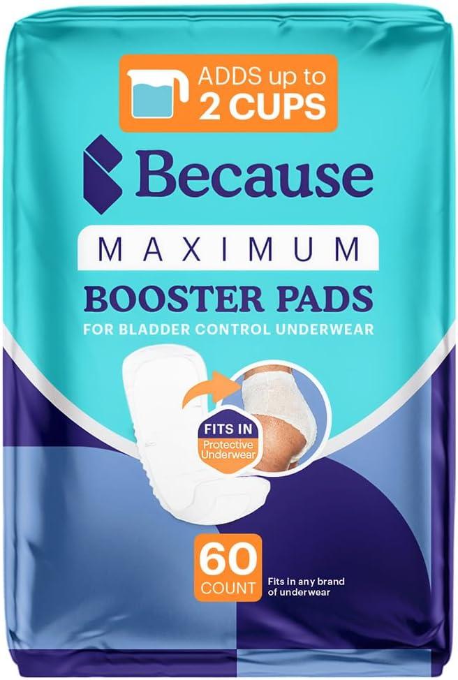 Because Maximum Incontinence Booster Pads, Adult Diaper Doubler Adds 2 Cups of Extra Absorbency, Discreet, Soft Leak Protection for Men & Women, Fits Inside Disposable Underwear, 20 Count