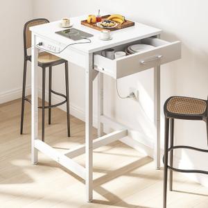 ODK 24x24 Inch Bar Table with Power Outlets & Storage, Modern Counter Height Pub Table with Sturdy Legs for Kitchen & Dining, High Top Console Indoor Table, White