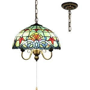 Tiffany Pendant Light, Baroque Style Stained Glass Lamp, 16'' Wide 3-Light, Inverted Ceiling Pendant Lights for Living Dining Room Kitchen Bedroom Entryway