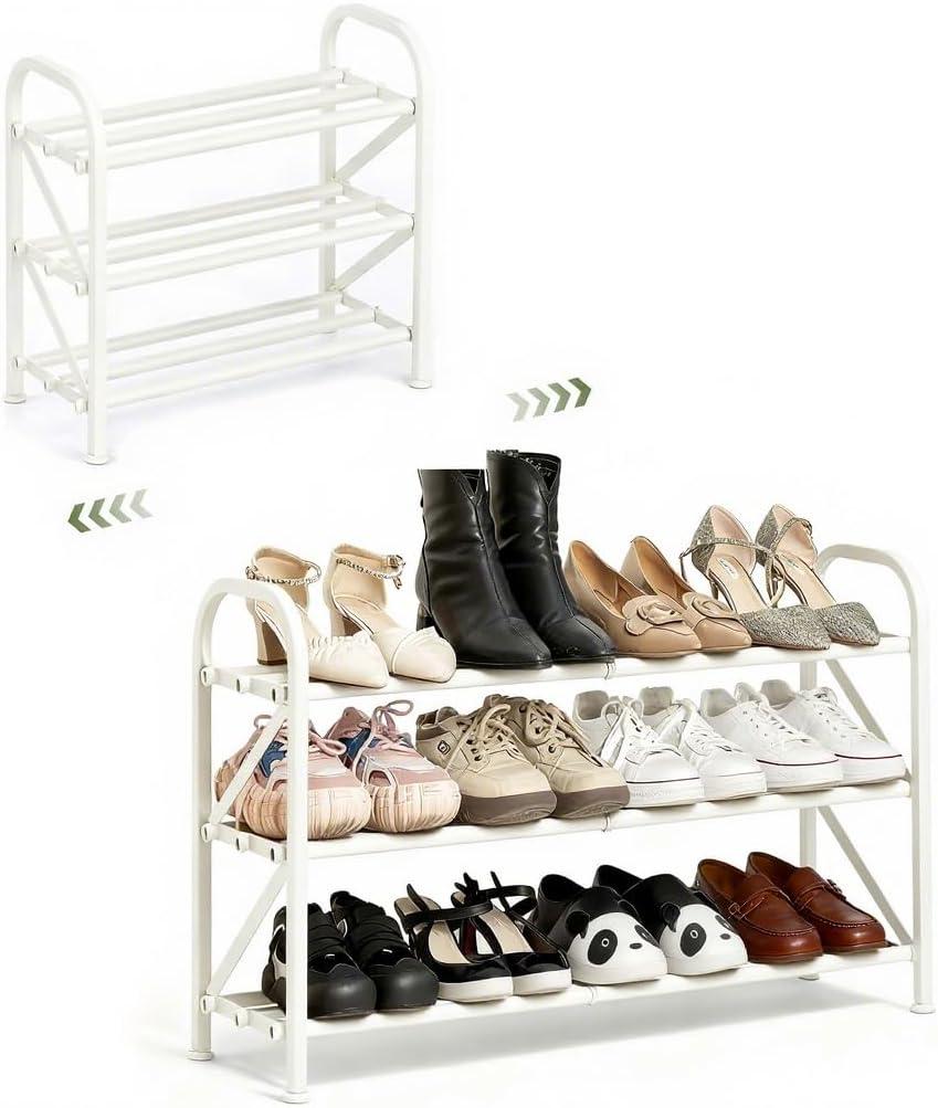 3-Tier Shoe Rack for Closet, 16"-32" Expandable ShoeRackAdjustable for Entryway Closet Doorway SturdyMetal, White