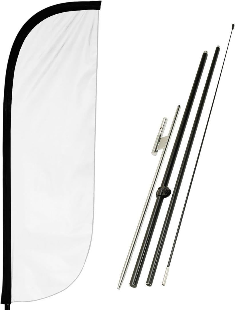 LookOurWay Feather Flag Pole Kit - 7 Feet Tall Advertising Flag Banner with Fiberglass Pole Set and Ground Spike for Business Promotion - Solid Colors - White