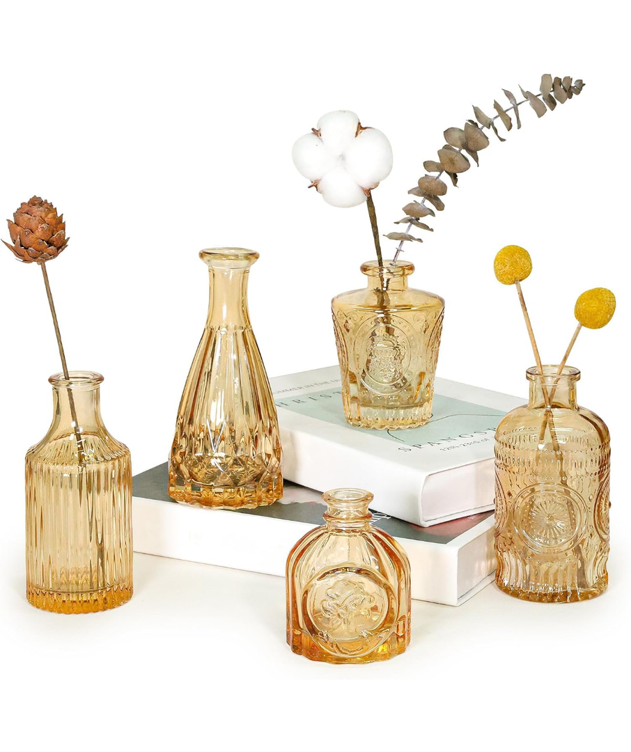 Glass Bud Vase Set of 5, Gold Amber Small Flower Vases for Centerpieces in Bulk, Mini Vintage Vase for Rustic Wedding, Home,Table Decoration