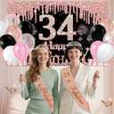34th Birthday Decorations for Women, 49pcs Black Rose Gold Black Happy 34th Birthday Banner, Tablecloth, Butterfly Decor, Sash and Tiara, Cake Topper, Candles, Balloons Arch