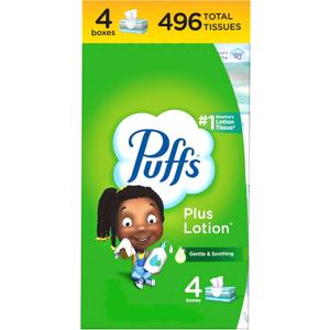 Puffs Plus Lotion Facial Tissues, 4 Family Boxes, 124 tissues per box
