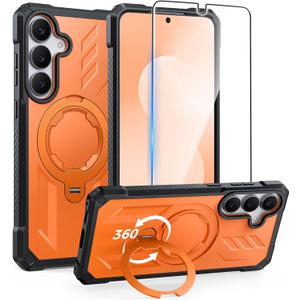 FNTCASE for Samsung Galaxy S25-FE Case: with [Magnetic Ring Kickstand] [Screen Protector] [Compatible with MagSafe] [Military-Grade Drop Protection] Heavy Duty Full Body Protective Phone Cover Orange