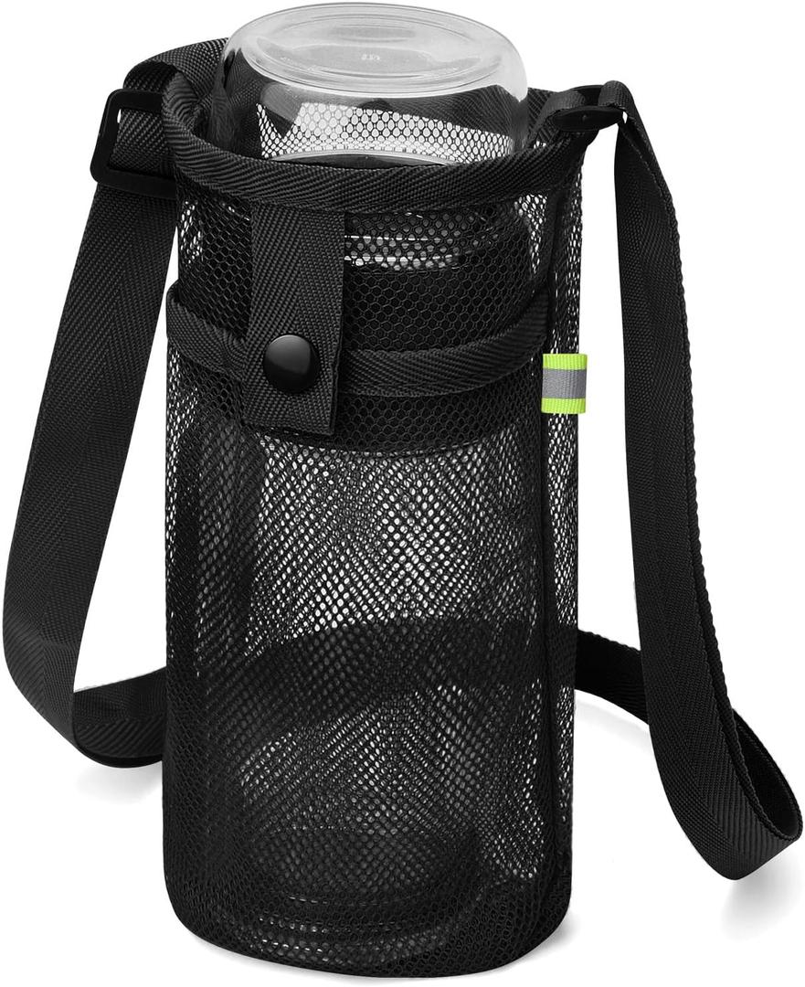 BINSUNS Water Bottle Bag with Strap, Mesh Water Bottle Holder Crossbody Bottle Sling Bag Adjustable Shoulder Strap and Pocket - Carrier for Walking Sports Hiking Camping (Black) (Small)