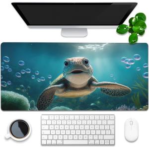 Desk Mat, Cute Turtle Smiling Under The Sea Extended Gaming Mouse Pad Large, 35.4"x15.7" Big Mouse Pad with Non-Slip Base and Stitched Edge, Long Computer Keyboard Mouse Mat for Home Office Work