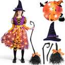 Spooktacular Creations Light Up Polka Dots Witch Tutu Costume for Girls Toddlers Starry Witch Dress with Magic Hat and Broom (Orange, S)