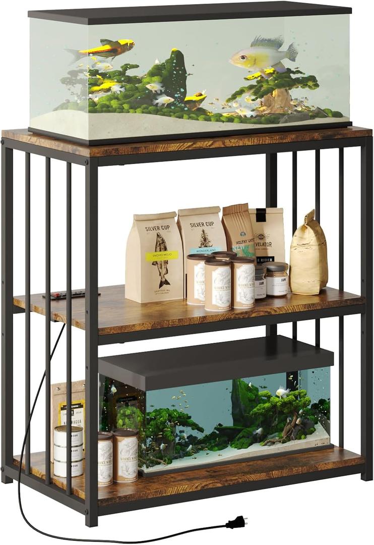 20 Gallon Fish Tank Stand with Power Outlet, Aquarium Stand with Shelf, Metal Reptile Terrarium Tank Stand, 3-Tier Adjustable Storage Shelves, 28''L15.7''W30''H, Retro Brown