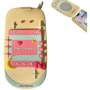 Mirror Case Compatible with iPhone 14 Pro MaxCute Kawaii 3D Cartoon Retro Phone Cover Fun Soft Rubber Shockproof Protector for Women Girls-Flip Yellow
