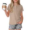 Vinsatin Girl's Short Sleeve Shirts Henley Round Neck Button up Tops Loose Fit Summer Basic Tees(13-14 Years,Khaki)