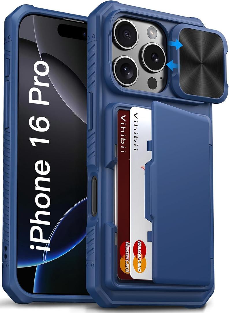 Vihibii for iPhone 16 Pro Wallet Case with Card Holder (4 Cards) [RFID Blocking] & Slide Camera Cover & Raised Edges Protect Screen, Shockproof Rugged Phone Case for iPhone 16 Pro 6.3" 2024, Blue