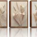 MQjopna Neutral Beige Floral Canvas Wall Art Set of 3, Modern Minimalist Texture Botanical Wall Decor, Vintage Flower Poster Prints for Living Room Bedroom Farmhouse Ready Home Decor 24x16in Framed