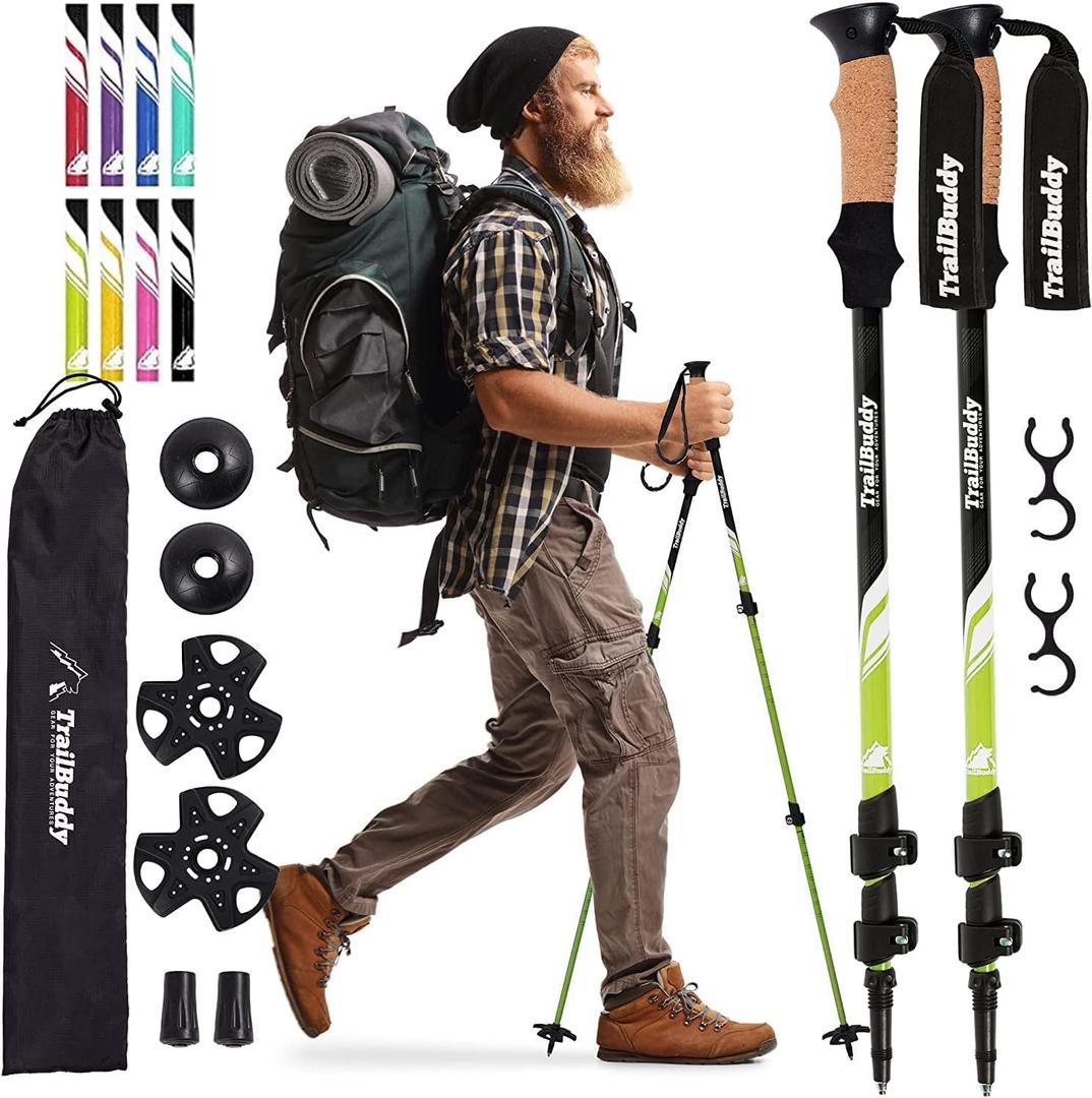 TrailBuddy Trekking Poles - Lightweight, Collapsible Hiking Poles for Snowshoe & Backpacking Gear - Pair of 2 Walking Sticks for Hiking, 7075 Aluminum with Cork Grip (Spring Green)