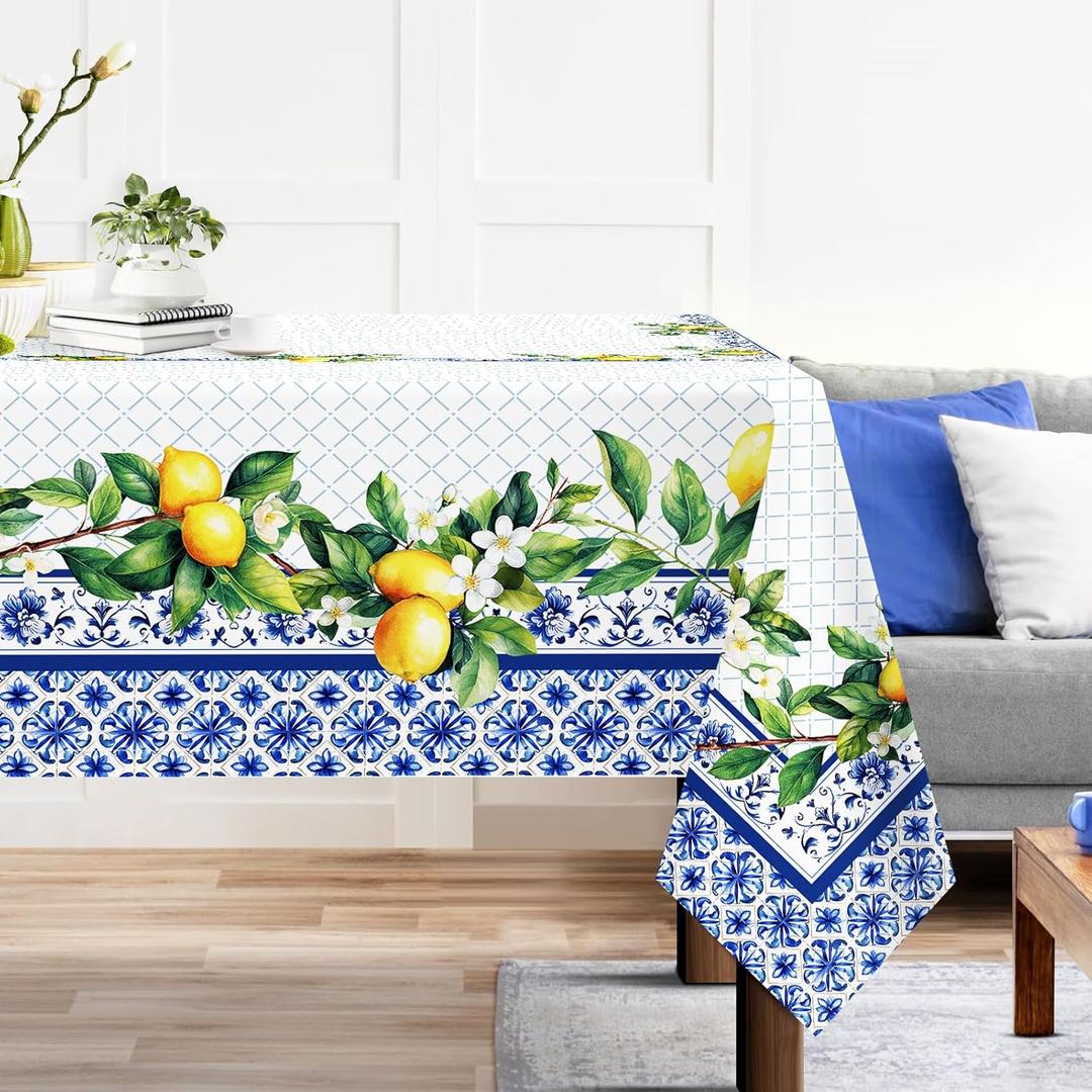 Spring Summer Tablecloth 6084 inch, Waterproof Blue Lemon Table Cloth Washable, Stain Resistant Cloth Table Cover for Party Picnic Dinner Decor (Lemon)