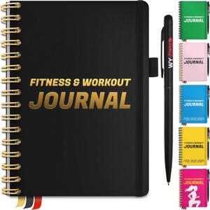 Fitness Journal Black on 150+ Workouts Yearly Calendar 55 Tracking Values - A5 Workout Journal with Fat tracking Muscle Exercises - Planner to 12 items to track 7 comparative periods + Goals