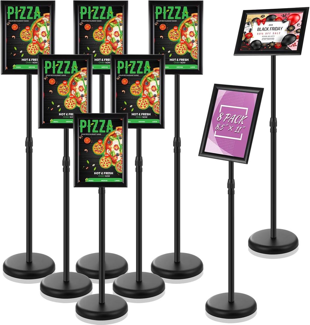 LEIFIDE 8 Pack Adjustable Heavy Duty Pedestal Sign Holder Floor Stand 8.3 x 11.7'' Adjustable Sign Holder Poster Stand with Aluminum Snap Open Frame, Screen Size A4(Black,8.3 x 11.7'')