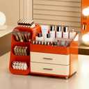 KQJS Makeup Organizer with Drawers,Large Capacity Countertop Organizer for Vanity,Bathroom and Bedroom Desk Cosmetics Organizer,Easy To Storage Skincare,Brushes,Lotions,Lipstick (Red and Cream)