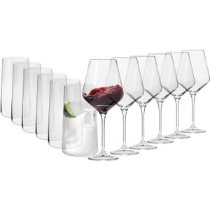 Krosno Glasses Set | 6x Red Wine Glasses 16.6 oz + 6x Tall Water Juice Drinking Glasses 18.3 oz | Crystal Glass | Perfect for Home, Restaurants and Parties | Dishwasher Safe