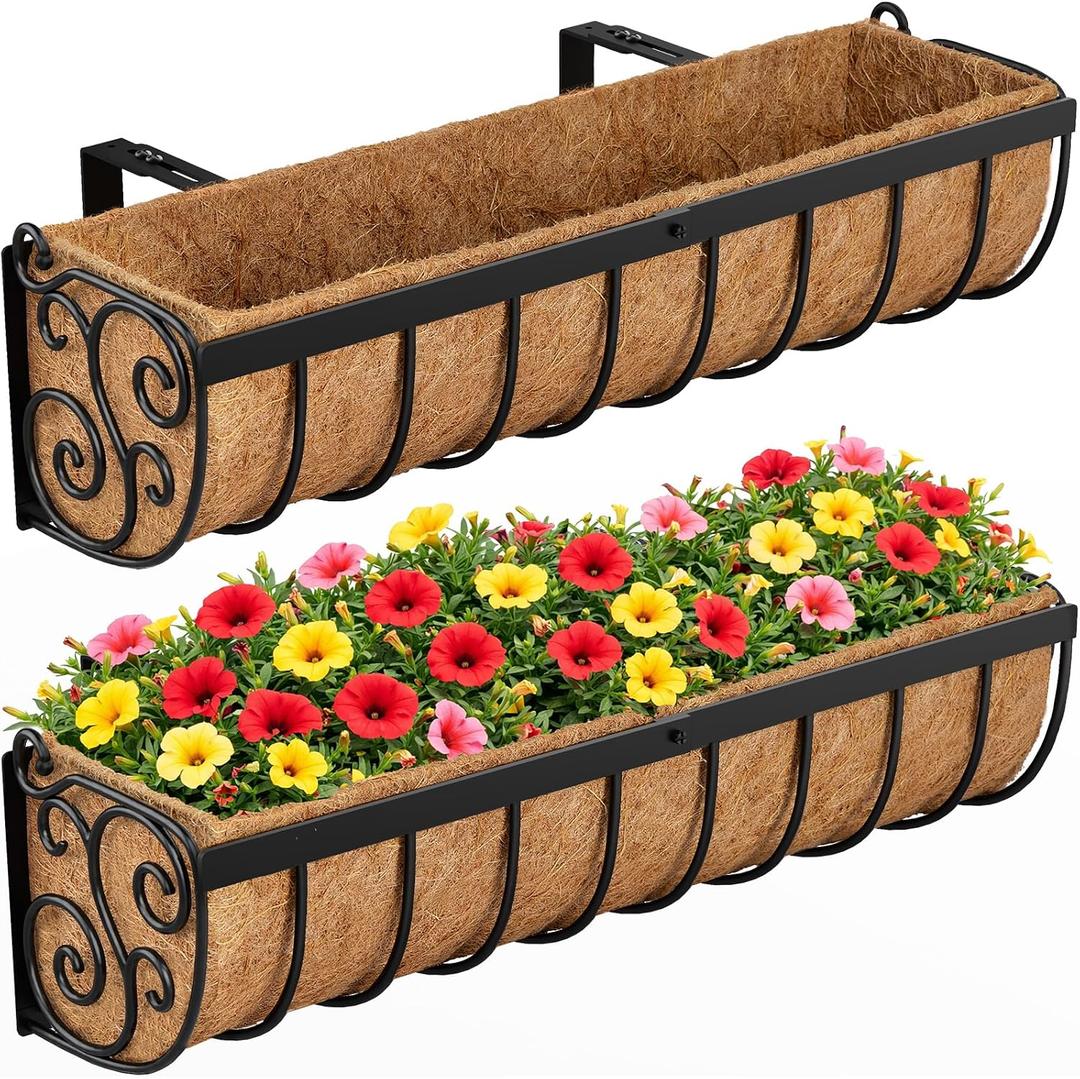 VOXOR Railing Planter Boxes, 24 Inch Window Boxes Planters, Balcony Planters with Adjustable Brackets & Coco Liner & Support Rod for Outdoor Fence, Deck, Porch, and Patio Gardening, 2 Pack