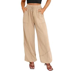 Bsubseach Women's Wide Leg Pants Drawstring High Waist Baggy Palazzo Pants Casual Lounge Trousers with Pockets Khaki (Beige, XXL)