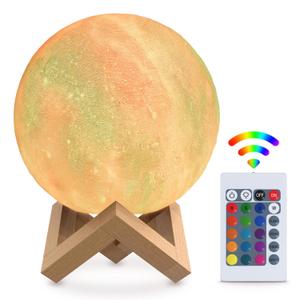 Galaxy Lamp, LED Moon Nightlight 5.9" - 16 Colors, 4 Modes Mesmerizing Moon Night Light Globe With Touch & Remote Control, Wooden Stand, USB Charging - 3D Printed LED Night Light with Realistic Design
