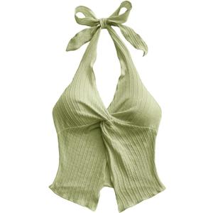 SHENHE Women's Twist Front Tie Halter Neck Split Hem Backless Summer Going Out Crop Top (Green, Large)