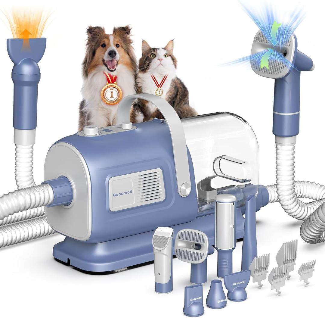 Dog Grooming Vacuum and Dryer Kit, Blower for Pet Vacuum Grooming 7 in 1 with Clippers for Dogs Hair Shedding Brush Remover Tools at Home Blue Grey