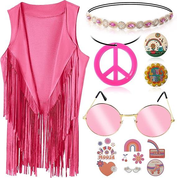 60s 70s Outfits for Women Hippie Costume Clothes Set 70s Costume Tops Women Fringe Hippie Vest for Halloween 2XL