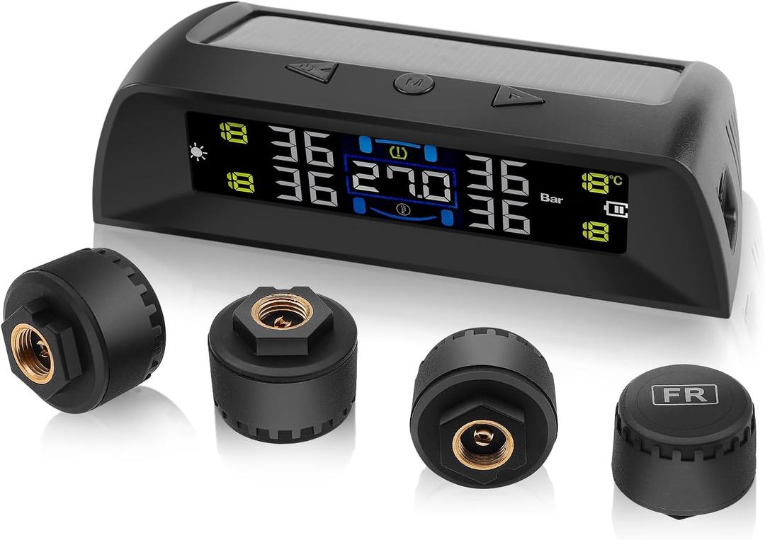 2025 Upgraded Tire Pressure Monitoring System with In-Car Temperature Real-Time Monitoring, TPMS with 4 External sensors & 6 Alarm Modes, LCD Display, Auto Sleep Mode