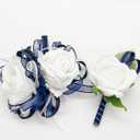 Dark Blue Rose Wrist Corsage Wristlet Band Bracelet and Men Boutonniere Set for White Wedding Flower Accessories Prom Suit Decorations
