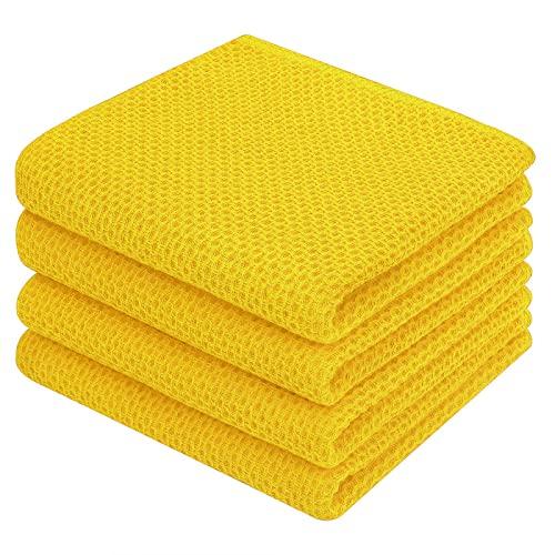 Homaxy 100% Cotton Waffle Weave Kitchen Dish Towels, Ultra Soft Absorbent Quick Drying Cleaning Towel, 13 x 28 Inches, 4-Pack, Yellow