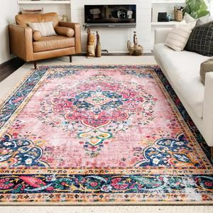 8x10 Area Rugs for Living Room Pink Boho Rug Vintage Rug Non-Slip Washable Low Pile Foldable Large Rugs for Bedroom Dining Room Indoor Floor Carpet
