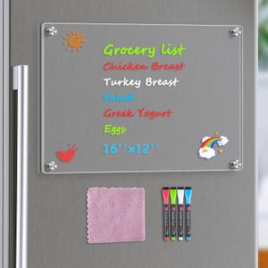 MaxGear 16"x12" Clear Acrylic Magnetic Whiteboard Fridge Dry Erase Board with 4 Markers and 1 Cloth, Reusable Kitchen Refrigerator Blank Memo Meal Planner to-Do List Grocery List Pad for Home Planner