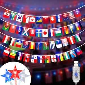 2026 World Cup Decorations String Lights, 49FT 75 LED Red White Blue Star Lights with 48 Country Flags, USB Powered Soccer Party Decor for World Cup, 4th of July, Sports Bar, Outdoor Indoor
