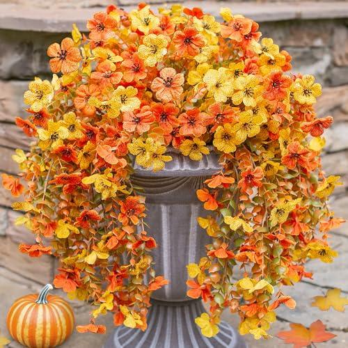 INSPRING Artificial Fall Flowers for Outdoors Decoration,  Fake Fall Light Orange & Yellow Hanging Flowers, Faux Autumn Decor for Porch Patio Balcony Planter, Realistic Arrangement