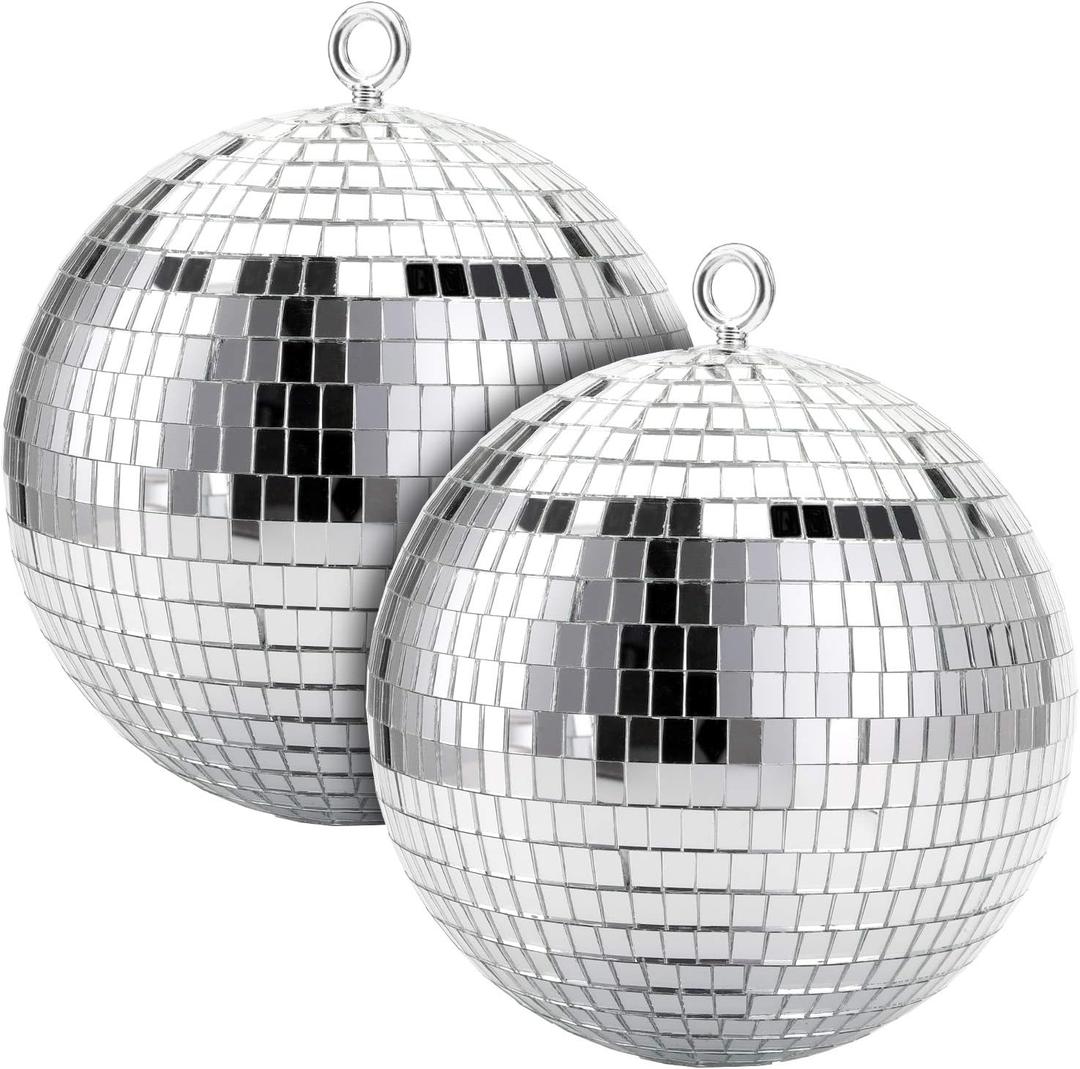 Suwimut 2 Pack Mirror Disco Ball, 8 Inch Cool and Fun Large Silver Hanging Disco Ball with Hanging Ring, Reflects Light, Party Favor, Christmas New Year Wedding Decor Festival Stage Prop