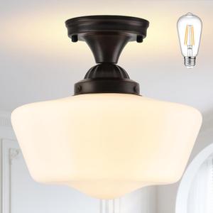 Bagood 12" Milk Glass Lights Fixture Schoolhouse Light Fixture Mid Century Light School House Lights Fixtures Ceiling Semi Flush Mount Ceiling for Bathroom Bedroom (Bulb Incl.)