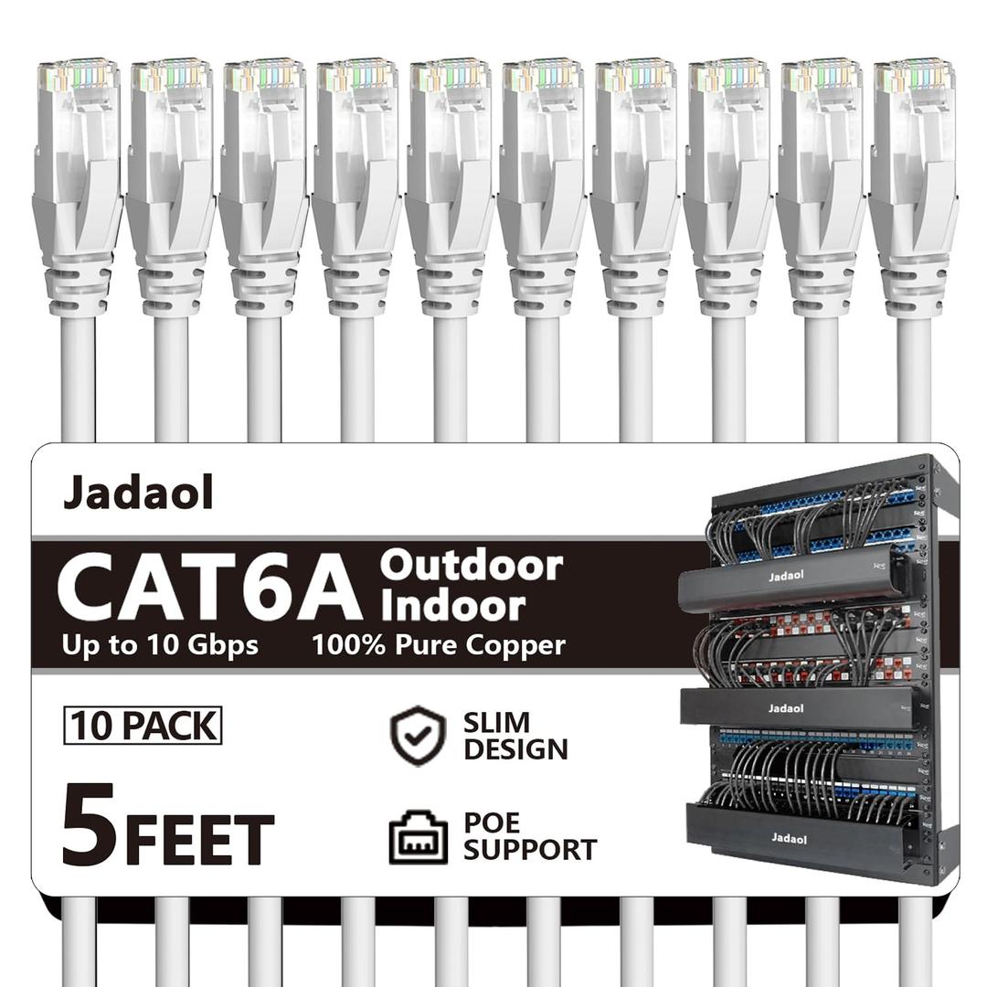 Jadaol Cat6a Ethernet Cable 5 ft 10 Pack, Slim 10G 550MHz 28AWG Patch Cable, Snagless Pure Copper Network Cable, Flexible LAN Cable for Router, Modem, Switch, Patch Panel, Data Center, Gaming, White