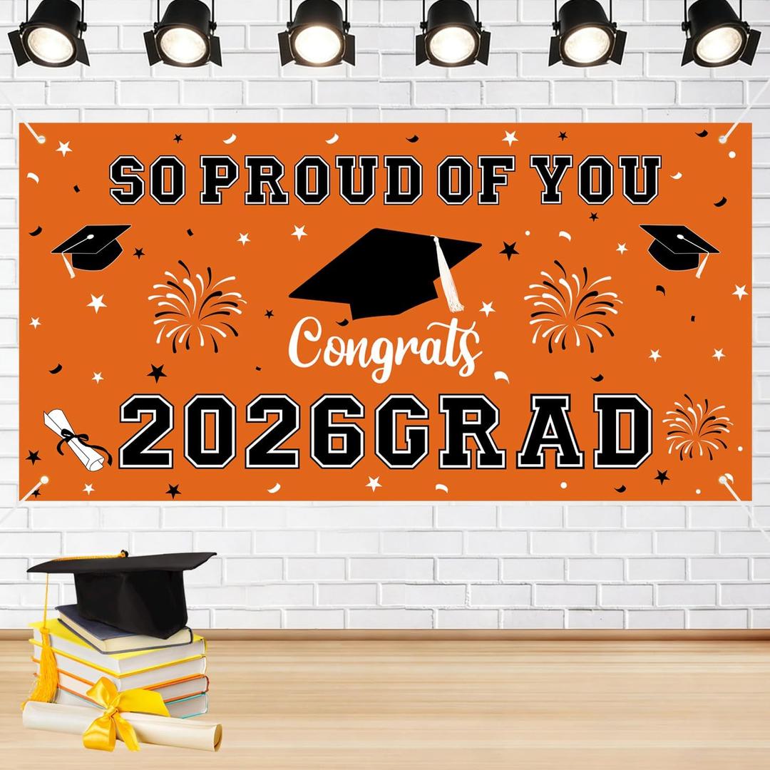 4 x Graduation Decorations 2026 Orange Graduation Banner 66.1" x 33.8" Graduation Backdrop Congrats Grad Banner for Outdoor Indoor High School College Class of 2026 Graduation Party Decorations