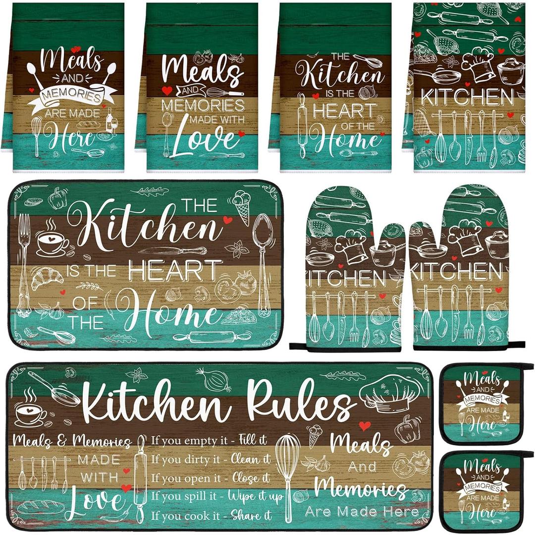 10 Pcs Farmhouse Kitchen Decor Teal Oven Mitts and Pot Holders Sets Vintage Kitchen Dish Towels Rustic Pattern Oven Gloves for Home Decorations Baking Cooking Birthday Valentines Gifts