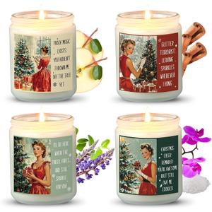 4 Pack Christmas Candle Gifts Set for Women Funny Vintage Xmas Holiday Natural Soy Wax Scented Candles Apple Harvest, Sea Salt, Cinnamon Vanilla and Orchid, White Sage and Lavender