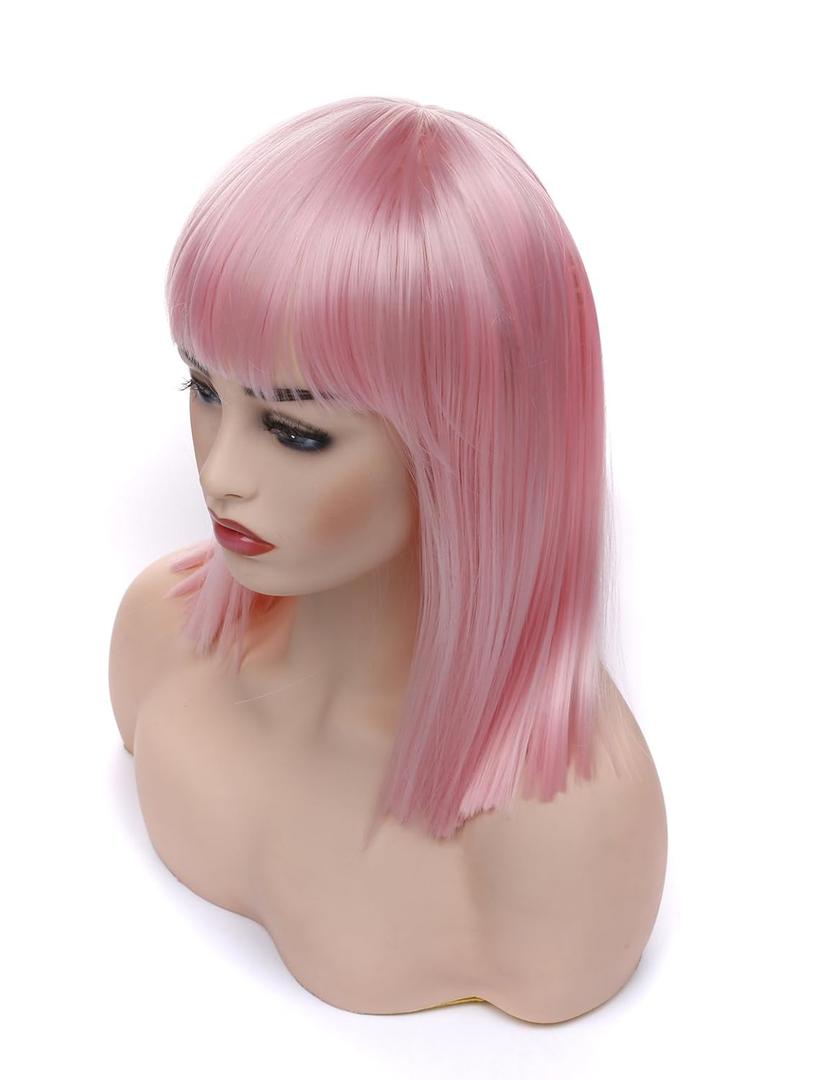 morvally Short Straight Bob Wig with Flat Bangs Natural Looking Heat Resistant Hair Cosplay Costume Wigs (14 inches Pink)