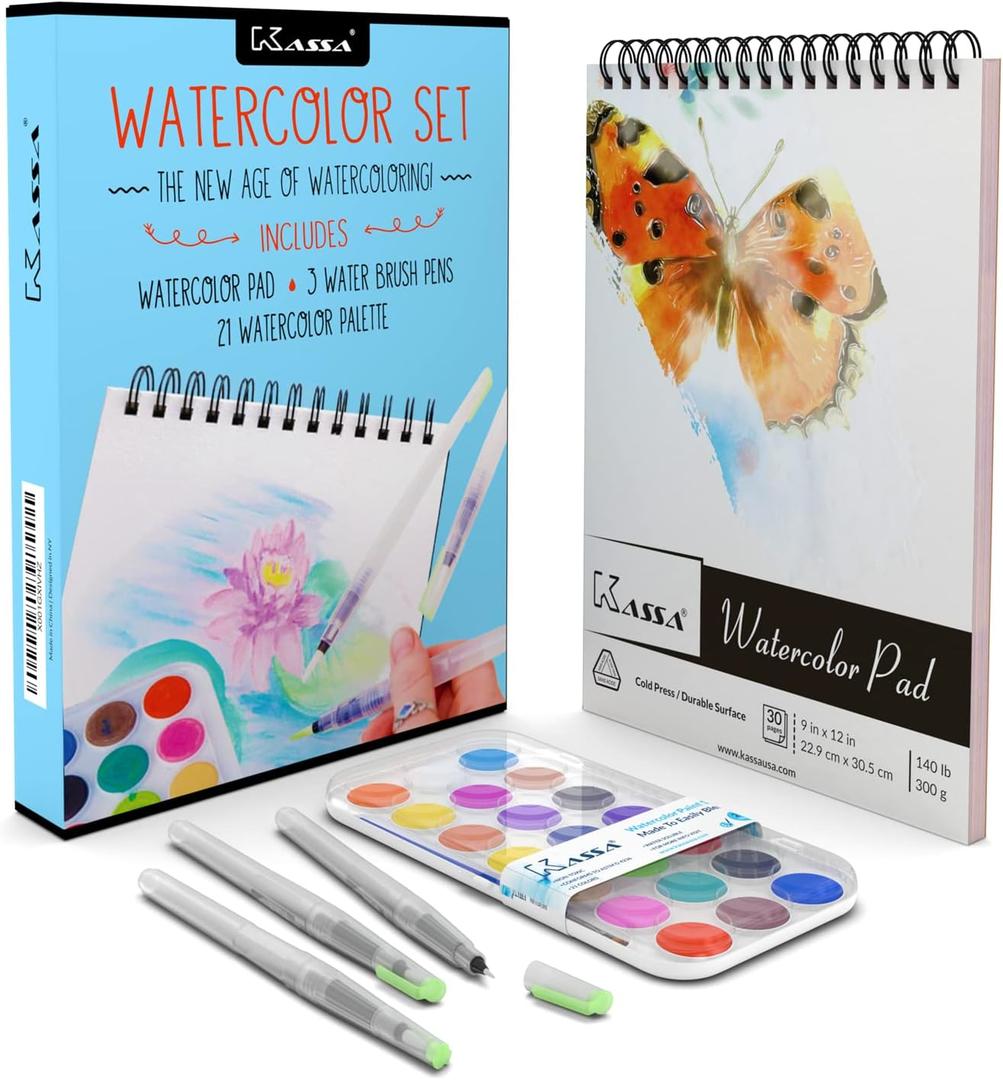 Kassa Watercolor Painting, Drawing & Art Supplies Set | Includes 21 Watercolor Palette, 30 Sheets & 3 Water Brush Pens in Assorted Sizes | Ideal for Home, School Art Projects & Bedroom Decoration